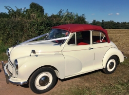 Classic convertible Morris Minor for wedding hire in Newport